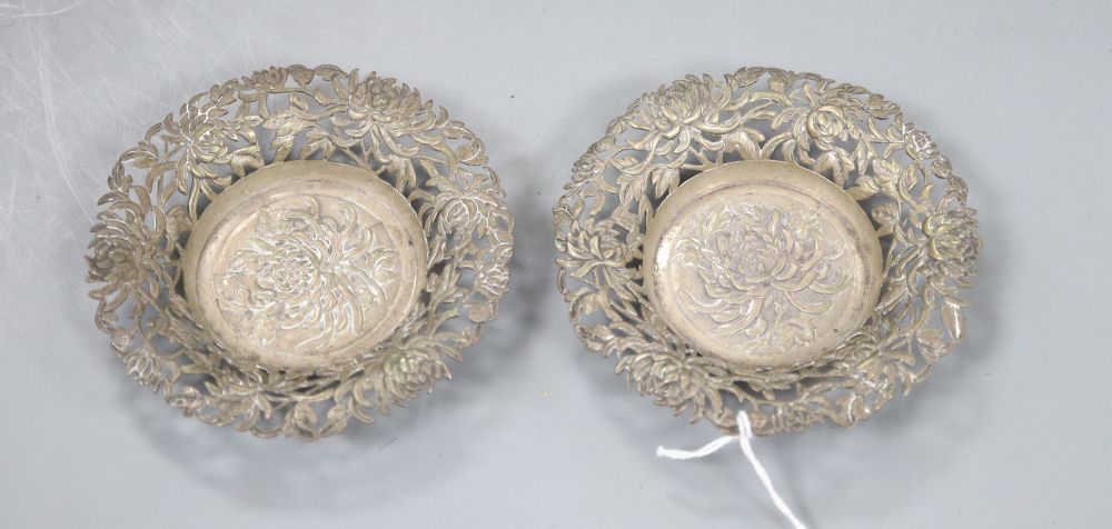 A pair of Chinese Export? pierced white metal bon-bon dishes, makers mark, LW, 10.7cm, 121 grams.